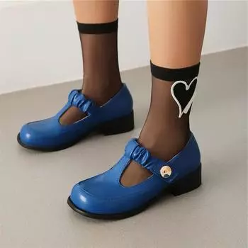 Женские туфли-лодочки Мэри Джейн с круглым носком на толстом среднем каблуке, плиссированные женские модные повседневные туфли с Т-образным шнурком, весна-осень, черный, белый цвет 43 34 чёрный