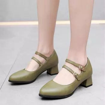 Женские туфли-лодочки Мэри Джейн с круглым носком, на толстом среднем каблуке с пряжкой, женская модная профессиональная обувь, весенне-осенняя винно-красная армейско-зеленая обувь 46 33 армия зеленый