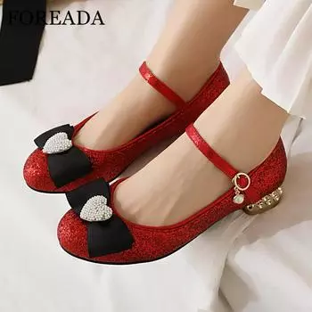 Женские туфли-лодочки Мэри Джейн с круглым носком на толстом низком каблуке с пряжкой и бантом, блестящие бусины, женская модная обувь, весенне-осенняя обувь серебристого цвета 46 33 золотой