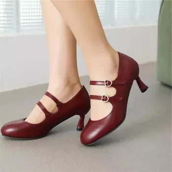 Женские туфли-лодочки Мэри Джейн с круглым носком, на тонком высоком каблуке с пряжкой, женская модная профессиональная обувь, весенне-осенняя винно-красная, бежевая, 46 33 бежевый