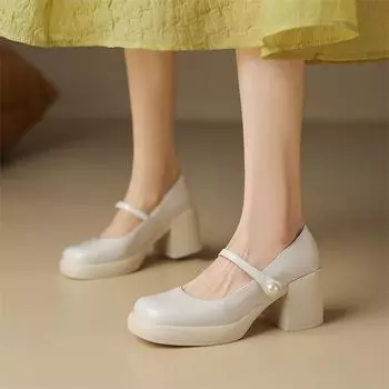 Женские туфли-лодочки Мэри Джейн с круглым носком, на массивном высоком каблуке и платформе, женская модная повседневная обувь, весна-осень, бежевый, черный 43 33 бежевый