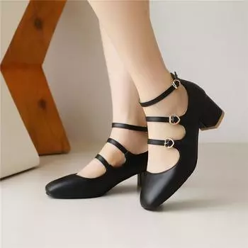 Женские туфли-лодочки Мэри Джейн с квадратным носком на массивном среднем каблуке с ремешком на щиколотке и пряжкой, женская модная карьерная обувь, весенне-осенняя белая обувь 46 33 чёрный