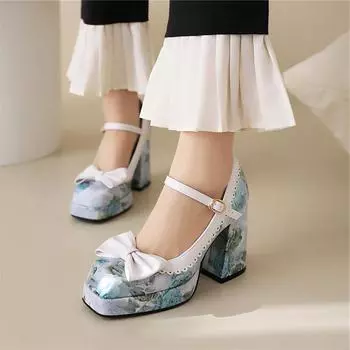 Женские туфли-лодочки Мэри Джейн с квадратным носком на платформе, на толстом высоком каблуке с пряжкой и бантом, разноцветная женская модная обувь, весна-осень 46 33 чёрный