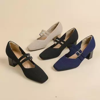 Женские туфли-лодочки Мэри Джейн с квадратным носком, удобные нарядные туфли, трикотажные туфли на толстом каблуке с двойным ремешком, повседневные туфли без застежек для ходьбы, офисные туфли на низком каблуке для женщин 34 чёрный