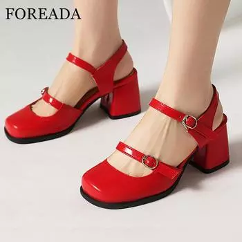 Женские туфли-лодочки Мэри Джейн с квадратным носком, на массивном высоком каблуке с пряжкой, лаконичный дизайн, женская модная обувь, летняя черная, синяя, белая 43 34 чёрный