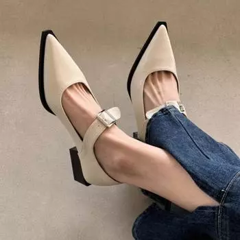 Женские туфли-лодочки Мэри Джейн с острым носком, на массивном среднем каблуке с пряжкой, женская модная карьерная обувь, весна-осень, бежевый, черный, 40 34 бежевый
