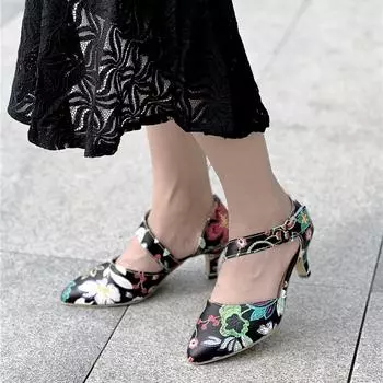 Женские туфли-лодочки Мэри Джейн с острым носком на массивном среднем каблуке, разноцветные женские модные профессиональные туфли с вышивкой, весна-осень 46 34 чёрный