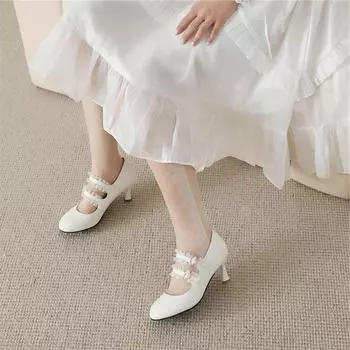 Женские туфли-лодочки Мэри Джейн в стиле Лолиты, туфли на шпильке с круглым носком, каваи, с пряжкой и оборками, женская обувь для косплея, весна-осень, синий, розовый, 46 33 чёрный