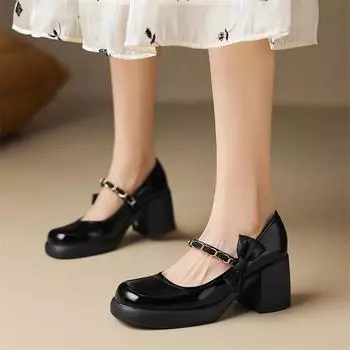 Женские туфли-лодочки Мэри Джейн, женская модная обувь на платформе с круглым носком, на толстом высоком каблуке с бантом и металлическими украшениями, весна-осень 43 33 бежевый