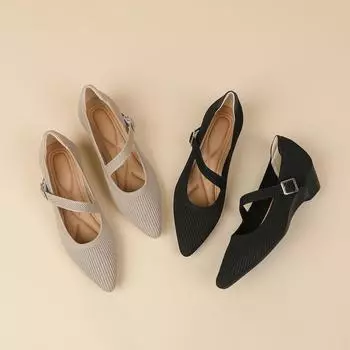 Женские туфли-лодочки Mary Jane на танкетке с острым носком, удобные нарядные туфли, вязаные туфли на толстом каблуке с ремешком, повседневные туфли без застежек для ходьбы, офисные туфли на низком каблуке для женщин 34 чёрный