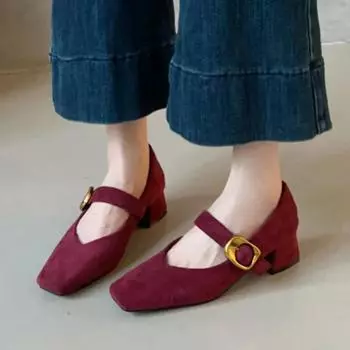 Женские туфли-лодочки Mary Janes Vintage из искусственной замши с квадратным носком, модель 2024 года, осенняя женская обувь на высоком каблуке с пряжкой и ремешком 35 чёрный