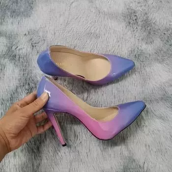 Женские туфли-лодочки, модные, градиентного цвета, высокие каблуки, классические, с острым носком, на тонком каблуке, туфли-шпильки, для джазовых танцев, свадебные туфли 35 розовый/синий