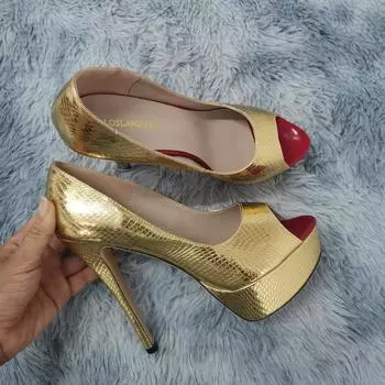 Женские туфли-лодочки, модные, сексуальные, 14 см, тонкие, высокие каблуки, с открытым носком, на платформе, с крокодиловым узором, на шпильках, для вечернего платья, свадебные туфли 35 чёрный