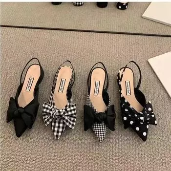 Женские туфли-лодочки Модные туфли с острым носком и бантом Туфли-лодочки в клетку с узором в горошек Туфли-лодочки на каблуках Босоножки на маленьком каблуке Повседневная тонкая обувь 40