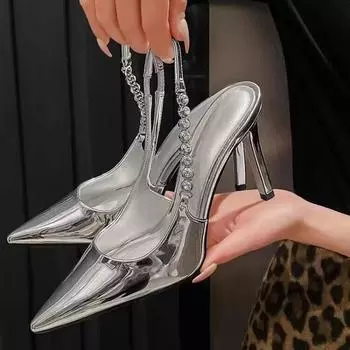 Женские туфли-лодочки на блестящем высоком каблуке с открытой пяткой, сандалии с металлическими кристаллами, туфли на шпильке с острым носком, серебряные вечерние модельные туфли, женские туфли 36 серебряный