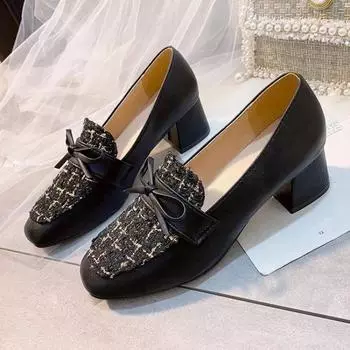 Женские туфли-лодочки на блочном каблуке, лоферы с бантом, туфли на массивном каблуке с квадратным носком для женщин, средние, Y2k, популярные, стильные, роскошные брендовые туфли 39 35