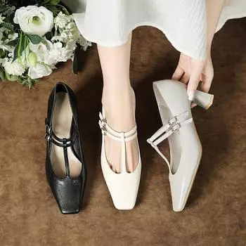 Женские туфли-лодочки на каблуке «Мэри Джейн» на массивном каблуке с ремешками, черные женские туфли на высоком каблуке с квадратным носком, милые туфли в стиле Лолиты с открытой пяткой 35