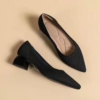 Женские туфли-лодочки на каблуке-рюмочке с острым носком, вязаные туфли без застежек на низком каблуке, повседневные деловые туфли на каблуках для офиса, нарядные туфли на каблуках для женщин 34 чёрный