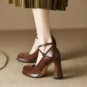 Женские туфли-лодочки на массивной платформе в стиле ретро, туфли-лодочки с перекрестными ремешками, одиночные туфли на высоком каблуке, женские туфли Мэри Джейн с пряжкой на толстом каблуке 35