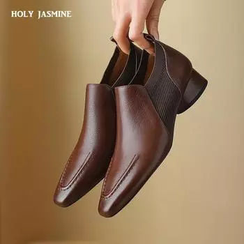 Женские туфли-лодочки на низком каблуке из натуральной кожи, весна-лето 2024, новые рабочие туфли с квадратным носком для взрослых, женские базовые офисные туфли для женщин 34 чёрный