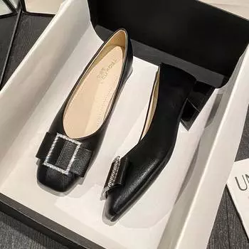 Женские туфли-лодочки на низком каблуке с квадратным носком, повседневные туфли-лодочки без шнуровки из искусственной кожи на массивном блочном каблуке, женские удобные туфли-лодочки для офиса и офиса, нарядные туфли 34 чёрный