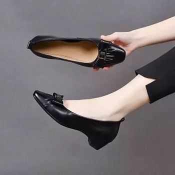 Женские туфли-лодочки на низком каблуке, весенние новые, простые, темпераментные, с бантом, из овчины, рабочие 35