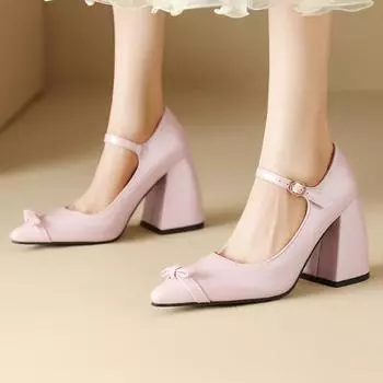 Женские туфли-лодочки на очень высоком толстом каблуке с квадратным носком, вечерние пикантные весенне-осенние туфли Мэри Джейн с бантом, черные, розовые, 33-46 33 чёрный