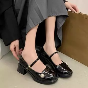 Женские туфли-лодочки на платформе 2024 года, новые женские туфли Мэри Джейн, толстый каблук, пряжка, ремешок, жемчужные босоножки, лакированная кожа, Zapatos Mujer 34 чёрный