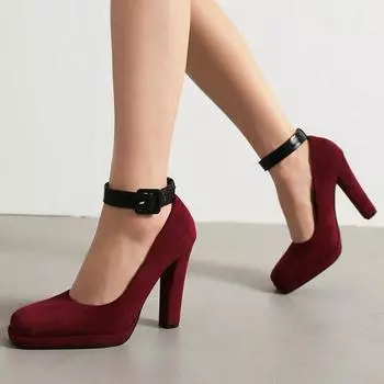 Женские туфли-лодочки на платформе, на тонком высоком каблуке, с квадратным носком, с ремешком на щиколотке и пряжкой, лаконичные вечерние весенне-осенние туфли, черные, красные, 34-43 34 чёрный