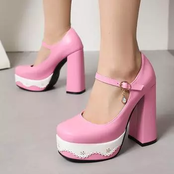 Женские туфли-лодочки на платформе, на высоком каблуке с квадратным носком, туфли Мэри Джейн с кристаллами и пряжкой, милые вечерние весенне-осенние туфли, черные, розовые 35 чёрный