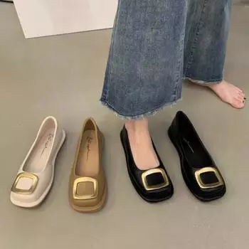 Женские туфли-лодочки на плоской подошве с металлической пряжкой, повседневные туфли на плоской подошве, бежевые и черные туфли для женщин, лоферы с квадратным носком 2024 г. 35 бежевый