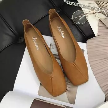 Женские туфли-лодочки на плоской подошве с квадратным носком, швейные туфли без застежек, базовые удобные туфли-одиночки, весна-осень 35 бежевый