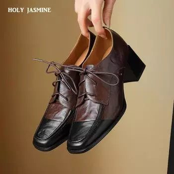 Женские туфли-лодочки на шнуровке, весна-лето, натуральная кожа, острый носок, для зрелого платья, офисные туфли на толстом каблуке, женские, базовые, новинка 2024 года 34 чёрный