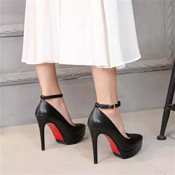 Женские туфли-лодочки на шпильке на платформе 12 см и 3 см, туфли-лодочки на платформе для стриптиза, туфли на высоком каблуке для ночного клуба с красной подошвой, женские фетиш-черные кожаные туфли с ремешком 32 чёрный