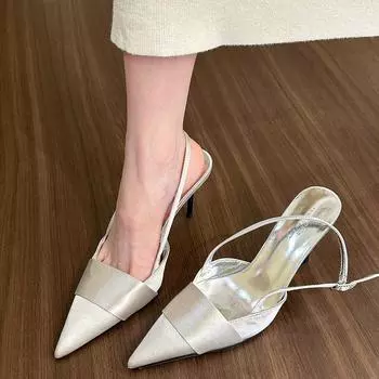 Женские туфли-лодочки на шпильке с острым носком и закрытым носком, женские туфли-лодочки на каблуке с открытой пяткой без шнуровки с регулируемым ремешком, свадебные платья, сандалии, обувь 35 серебряный