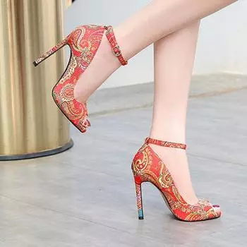 Женские туфли-лодочки на шпильке с плоским принтом и открытым носком, пряжкой, пикантным каблуком 11 см, платформой 1,5 WZ 35 чёрный