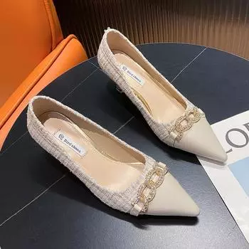 Женские туфли-лодочки на среднем каблуке с цепочками, женская обувь на мелкой подошве, однотонная женская обувь, лаконичные туфли без застежек с острым носком, женская обувь, мода 2024 года 35 чёрный