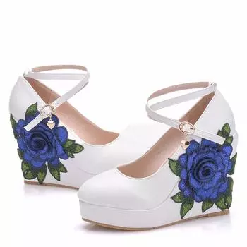 Женские туфли-лодочки на танкетке, синие кружевные цветы, высокие каблуки, женские туфли-лодочки для вечеринки, свадебные туфли 11 см, большой размер 34 синий