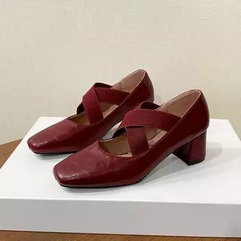 Женские туфли-лодочки на толстом среднем каблуке с перекрещивающимися эластичными резинками, балетки женские, винтажные, с квадратным носком, бордовые туфли-лодочки, весна-осень, каблуки женские 35