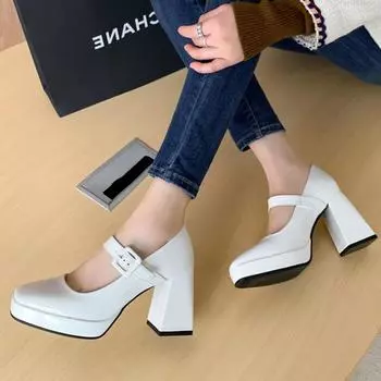 Женские туфли-лодочки на толстом высоком каблуке с квадратным носком, вечерние лаконичные весенне-осенние туфли Мэри Джейн с пряжкой, черные, белые, красные, винно-красные, Be 33 чёрный