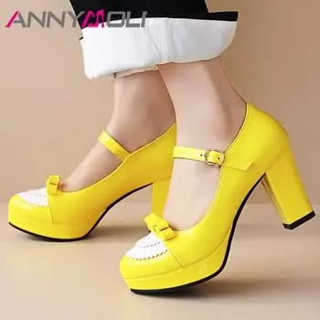 Женские туфли-лодочки на толстом высоком каблуке с круглым носком и пряжкой и бантом, вечерние туфли Мэри Джейн на весну и осень, черный, красный, фиолетовый, желтый, розовый 33 чёрный