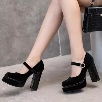 Женские туфли-лодочки на толстом высоком каблуке с квадратным носком, вечерние лаконичные весенне-осенние туфли Мэри Джейн с пряжкой, черные, красные, зеленые, синие, размеры 34–43 34 чёрный