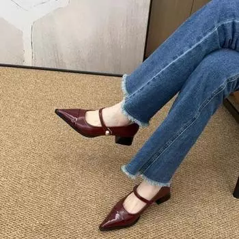 Женские туфли-лодочки на тонком каблуке, модная женская обувь, неглубокий носок, высокие каблуки, туфли Мэри Джейн на среднем каблуке, лакированная кожа, Zapatos Mujer 35