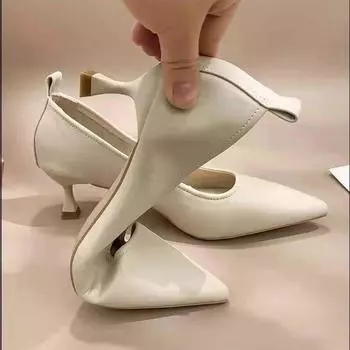 Женские туфли-лодочки на тонком каблуке с острым носком на высоком каблуке Женские мягкие кожаные туфли на мягкой подошве Универсальные удобные однотонные туфли Повседневная однотонная обувь 34 бежевый
