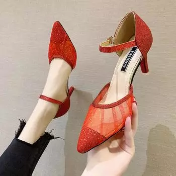 Женские туфли-лодочки на тонком высоком каблуке с острым носком, женские двухкомпонентные туфли с ремешком на щиколотке, блестящие туфли для вечеринок для женщин, свадебные туфли для невесты 34 золотой