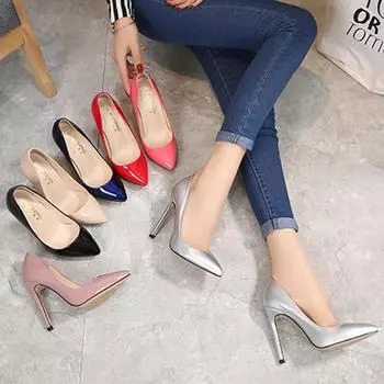 Женские туфли-лодочки на высоком каблуке 11 см, женские кожаные туфли на шпильке с острым носком, женские блестящие модные туфли телесного цвета синего цвета больших размеров 46 красный