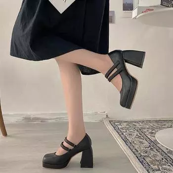 Женские туфли-лодочки на высоком каблуке, модные ретро-ботинки на толстом каблуке с квадратной головкой, элегантная уличная женская обувь Мэри Джейн в стиле Лолиты черного, бежевого цвета 39 бежевый