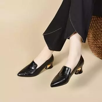 Женские туфли-лодочки на высоком каблуке, весенние, простые, с темпераментом, легкая роскошь, маленькие одинарные туфли из тисненой коровьей кожи, кожаные туфли на один педаль 34