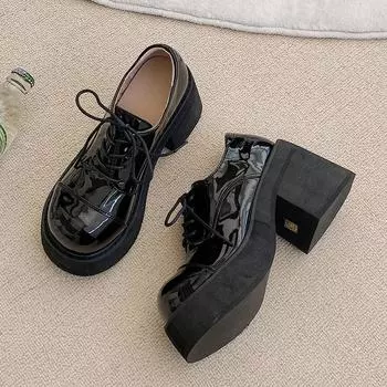 Женские туфли-лодочки на высоком каблуке весна-осень 2024 года, черные туфли-лодочки на платформе со шнуровкой, элегантные туфли-лоферы Мэри Джейн с круглым носком 35