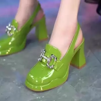 Женские туфли-лодочки на высоком массивном каблуке, женская летняя обувь из лакированной кожи, женская роскошная вечерняя обувь со стразами и ремешками на щиколотке 34 зелёный